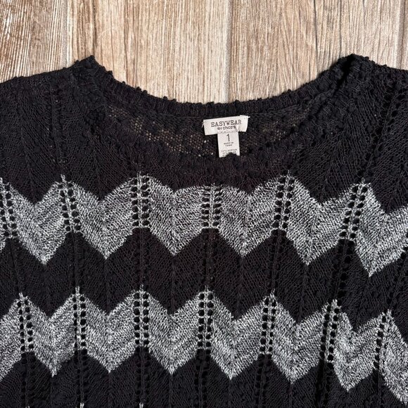 2/$18 SALE!‎ Chicos Open Knit Sweater Womens M Chevron Black Textured Oversized - Picture 5 of 8